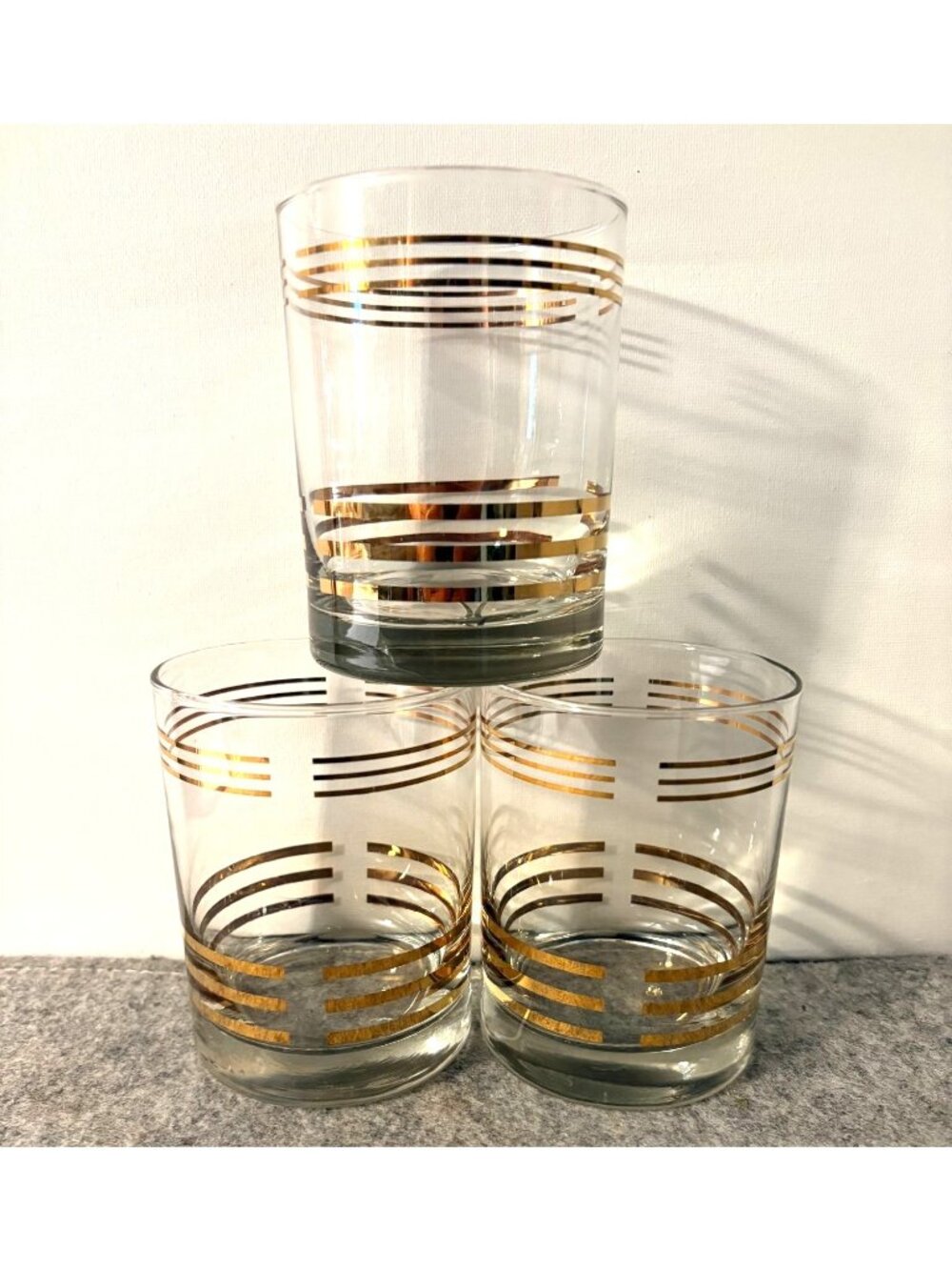 3 MCM Low Ball Glasses w/Gold Horizontal Stripes Either Culvers or Briard  # 340